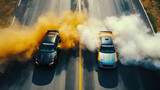 Aerial top view two car drift battle on asphalt race track, Automobile and automotive car view from above
