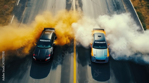 Aerial top view two car drift battle on asphalt race track, Automobile and automotive car view from above photo
