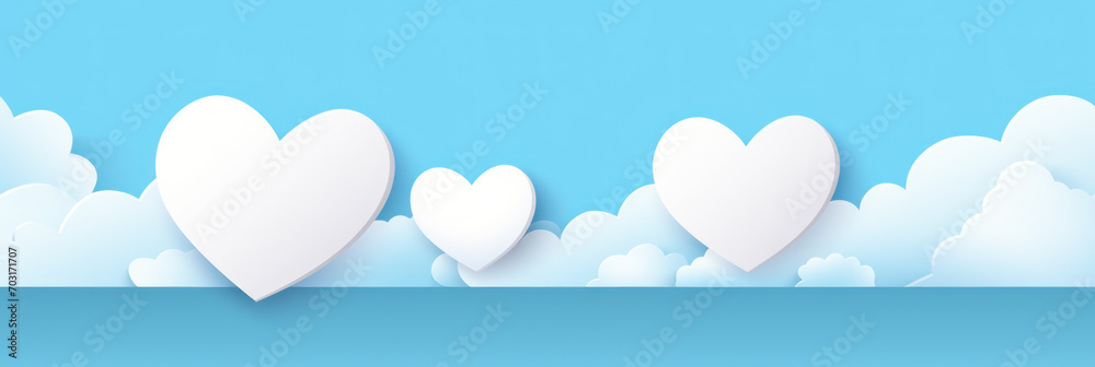 Horizontal banner with blue sky and paper cut clouds. Place for text. Happy Valentine's day sale header or voucher template with hearts Horizontal banner with blue sky and paper cut clouds. Place for text. Happy Valentine's day sale header or voucher template with hearts