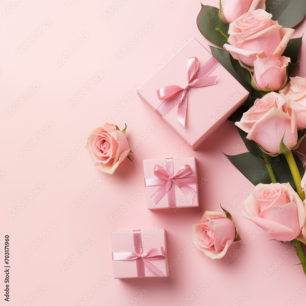 Top view photo of trendy gift boxes with ribbon bows and red rose on isolated pastel color background Top view photo of trendy gift boxes with ribbon bows and red rose on isolated pastel color background