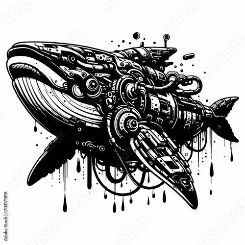 whale cyborg style black and white vector