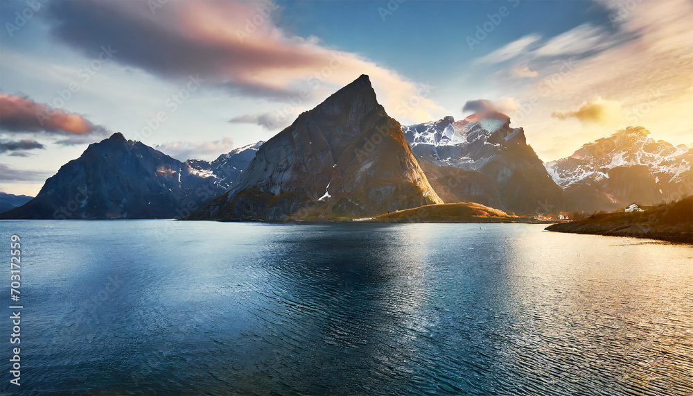 Breathtaking natural scenery featuring northern fjords, mountain landscapes, and a mesmerizing sunset. Captivating photograph capturing the essence of the season. Explore the beauty of Norway's Lofote