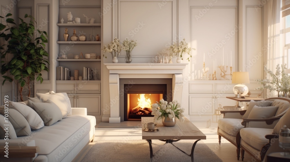 Bright luxury living room with fireplace and tv. Corner decorated with antique hood chairs Bright luxury living room with fireplace and tv. Corner decorated with antique hood chairs