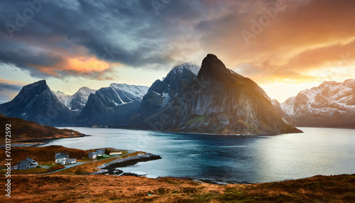 Breathtaking natural scenery featuring northern fjords, mountain landscapes, and a mesmerizing sunset. Captivating photograph capturing the essence of the season. Explore the beauty of Norway's Lofote