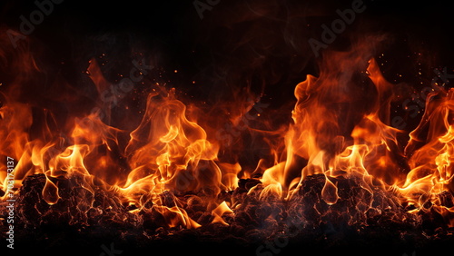 Closeup of burning flames, fire background banner long, isolated on black background photo