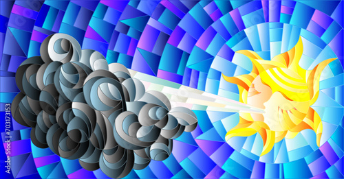 An illustration in the style of a stained glass window with the sun and a cloud on a sky background