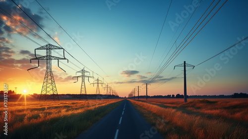power lines at sunset high voltage tower with generative AI photo