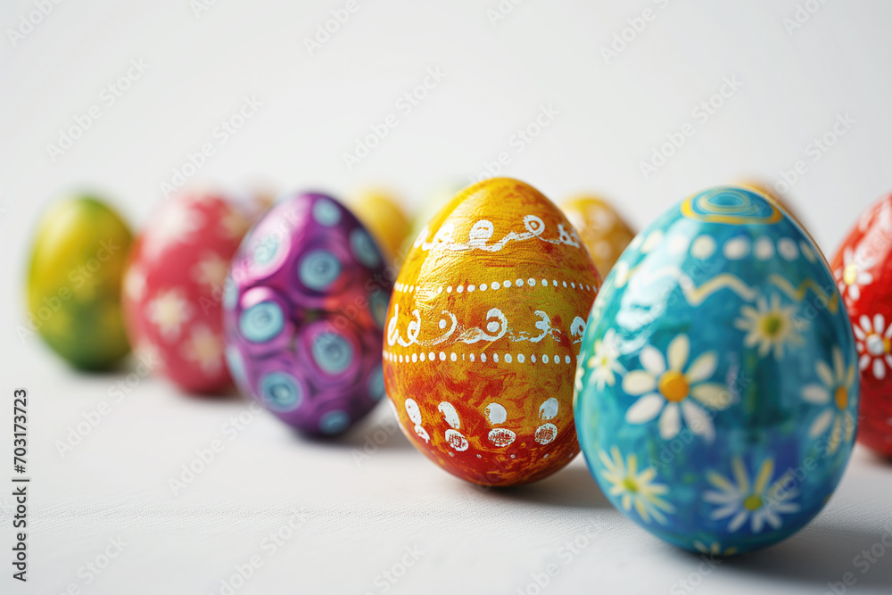 Colorful hand-painted Easter eggs with intricate patterns displayed in a row on a white background, symbolizing Easter holiday traditions Colorful hand-painted Easter eggs with intricate patterns displayed in a row on a white background, symbolizing Easter holiday traditions