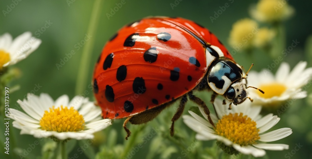 Beautiful blurred close up ladybug stay at meadow flower nature with blooming glade generative ai Beautiful blurred close up ladybug stay at meadow flower nature with blooming glade generative ai
