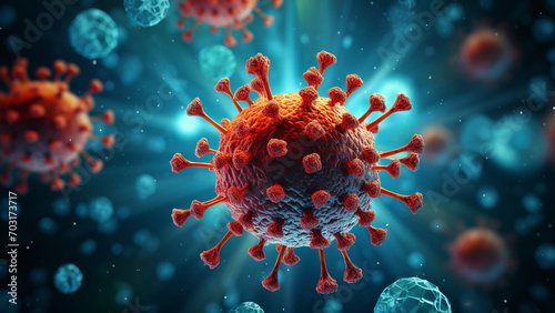 Coronavirus infectious pathogen viewed in laboratory microscope - Generative AI