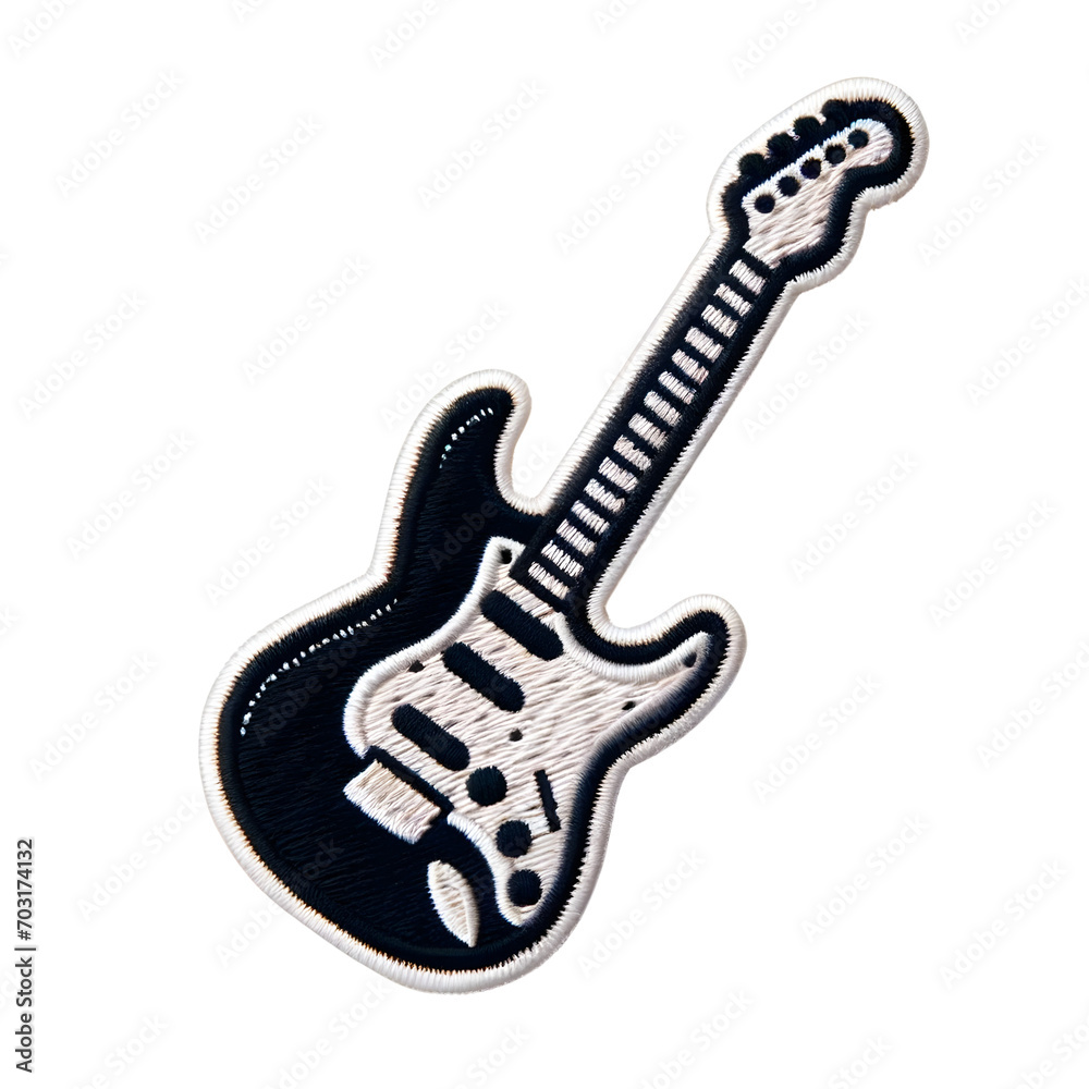 Embroidered patch badge with a guitar on a transparent isolated background in PNG format. Embroidered patch badge with a guitar on a transparent isolated background in PNG format.