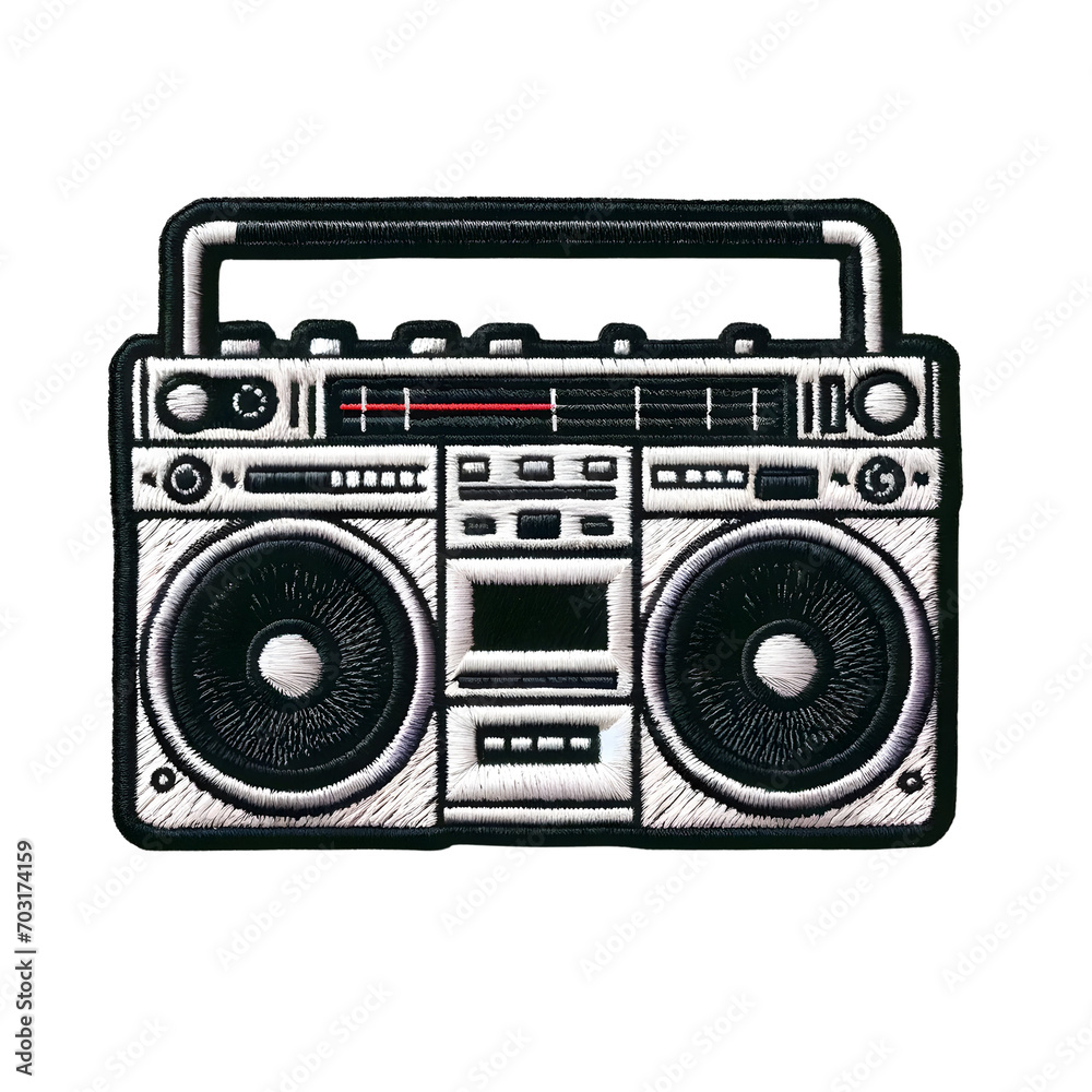Embroidered patch badge with a retro boombox on a transparent isolated background in PNG format. Embroidered patch badge with a retro boombox on a transparent isolated background in PNG format.