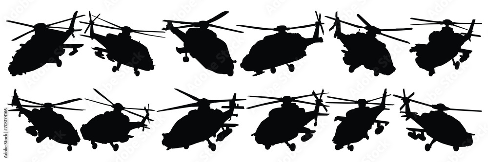 Fototapeta premium Helicopter war army silhouettes set, large pack of vector silhouette design, isolated white background