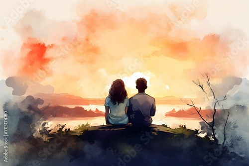 Watercolor romantic couple sitting watching sunset on the beach lake landscape painting back view