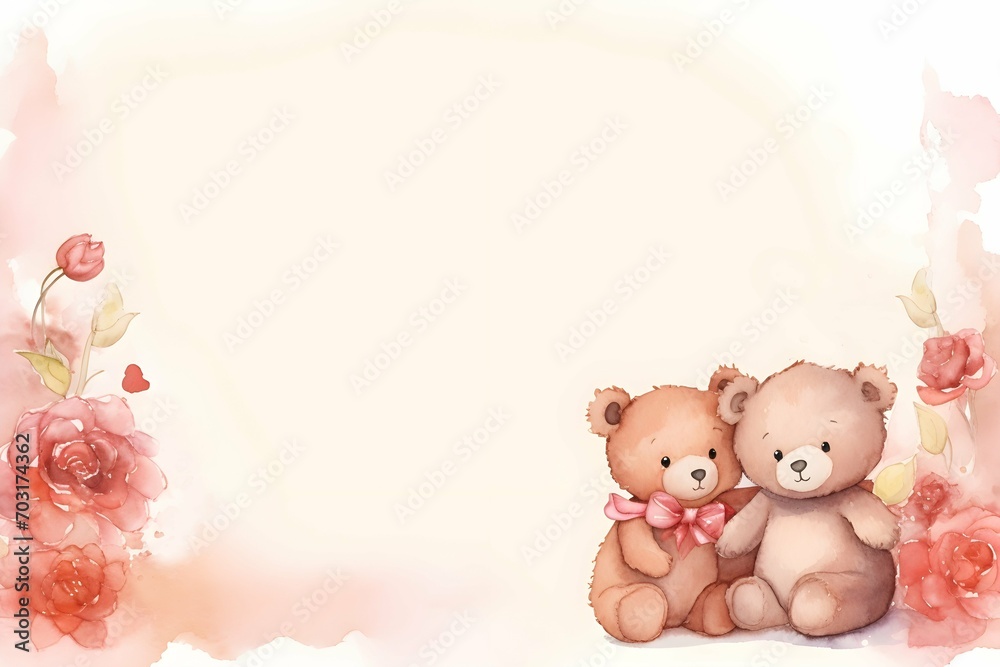 Watercolor cute teddy bear couple and roses sitting on empty background for text decoration card Watercolor cute teddy bear couple and roses sitting on empty background for text decoration card