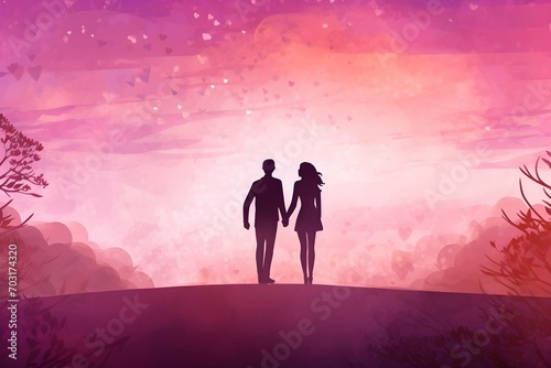 Watercolor silhouette of a romantic couple holding hands on pink abstract background for love valentine theme #703174320