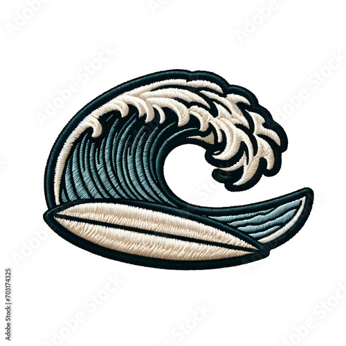 Embroidered patch badge with a surfing wave on a transparent isolated background in PNG format.