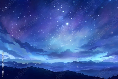 Watercolor landscape of mountains and starry sky in blue purple galaxy night cosmos painted wall art background