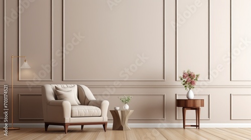 Contemporary classic minimal beige interior with armchair and decor. 3d render illustration mockup.
