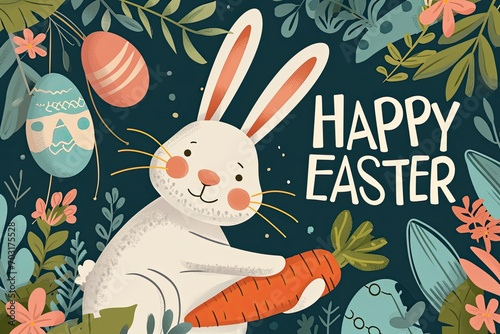 bunny with carrot with text HAPPY EASTER Happy Easter background Happy Easter bunny