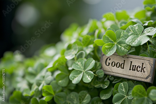 Good luck concept image with four leaves clover and good luck words written
