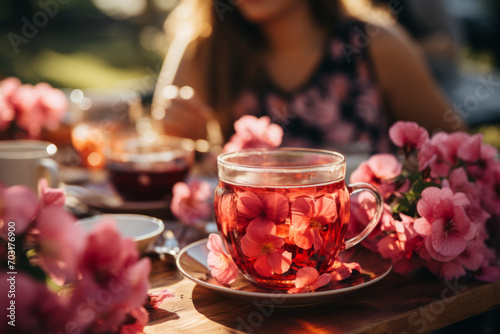 Hibiscus tea in tea cups with pink flowers and group of friends around to drink eat in beautiful spring day outside photo