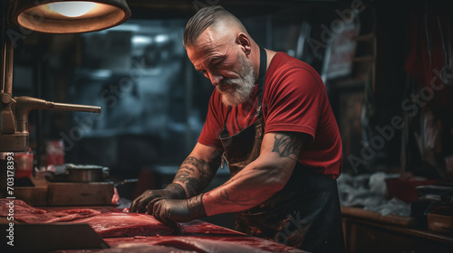 butcher working in kitchen with beef and meat