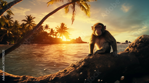 little monkey sit on the rock at island of the middle sea photo