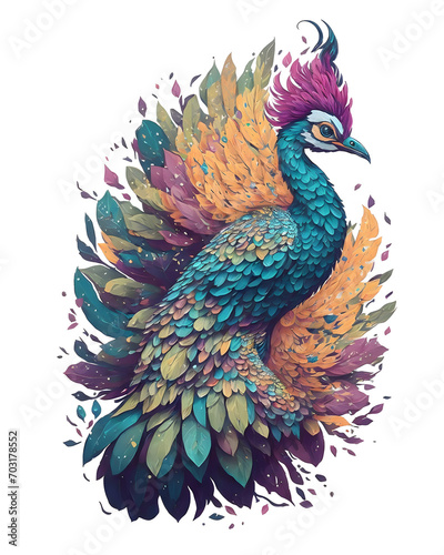 A vibrant and colorful peacock with a plume of feathers in a whirl of artistic splendor, 4K PNG, t-shirt design, generated with ai