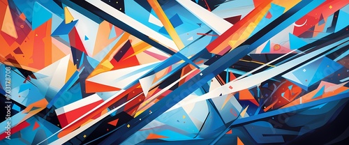 Bold graphic elements converge in a kaleidoscope of vibrant shapes, evoking a sense of dynamic motion frozen in time.