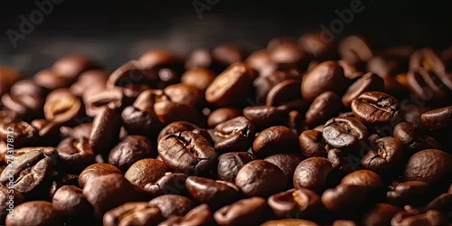 Aromatic delight. Close up of freshly roasted brown coffee beans in scenic frame. Rich espresso palette. Macro view creating abstract composition. Morning brew essentials. Fresh arabica gourmet