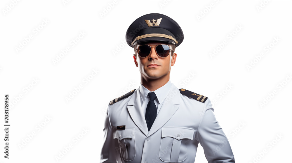 Captain pilot wear sun glasses in white background Captain pilot wear sun glasses in white background