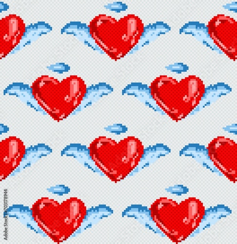 The seamless pixel background with red hearts.