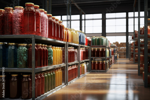 Large warehouse with containers full of canned food. 3d rendering toned image. ai generated photo