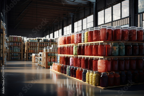 Large warehouse with containers full of canned food. 3d rendering toned image. ai generated photo