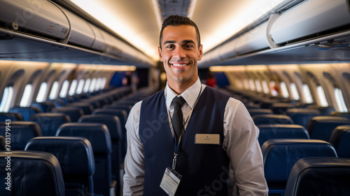 Steward airplane on walk way of cabin in plane