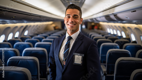 smile airplane steward in aisle of the airplane cabin