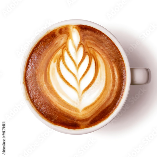 Hot coffee cappuccino latte art isolated on white background, coffee