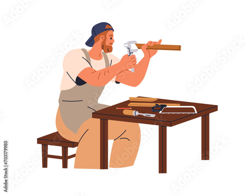 Carpenter measuring wood with caliper. Artisan with calliper, using measurement, dimension tool during woodwork, carpentry, joinery at workshop. Flat vector illustration isolated on white background