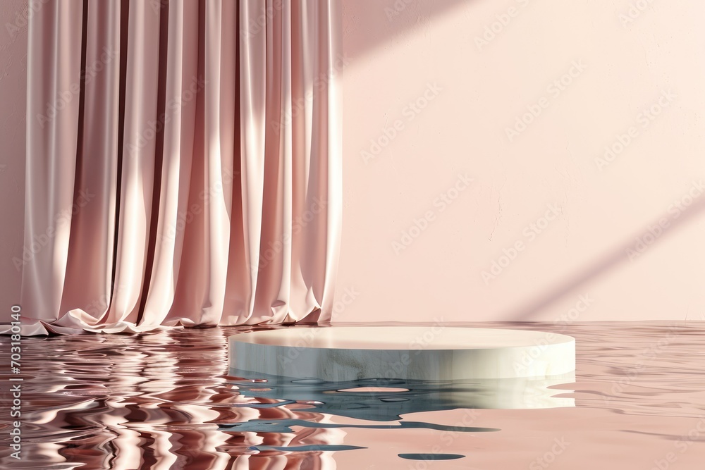 platform podium on water with pink curtains. Realistic mock-up for products presentation. emty podium platform podium on water with pink curtains. Realistic mock-up for products presentation. emty podium