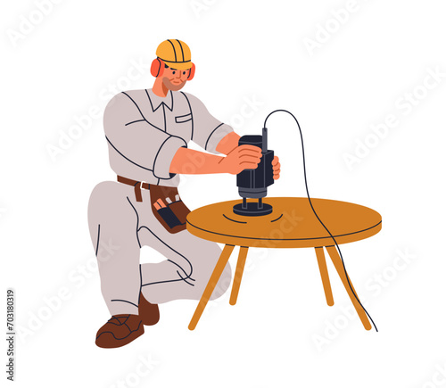 Carpenter sanding wood furniture with electric tool, woodwork machine, orbital sander. Restoring, polishing, buffing wooden table for renovation. Flat vector illustration isolated on white background