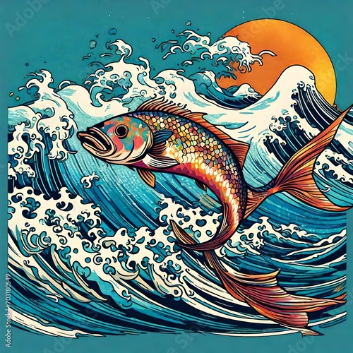 illustration of a fantasy Asian fish in the angry ocean