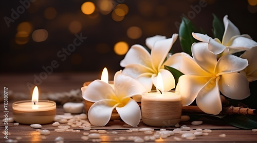 Candles and flowers on a table with a plumeria flower  generative ai