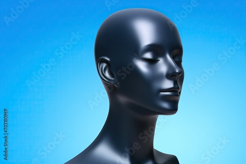 3d rendered illustration of a person. A 3d image of android. Nostalgic. Dreamer alien. Head. Sculpture. Nose, lips, ears. Azure, blue gradient. Dreaming. Fabric, plastic. Dummy. Layman. Humanoid photo