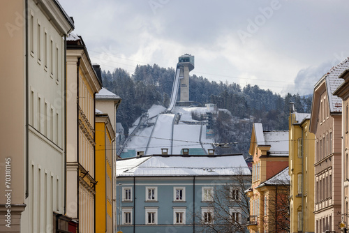 View from Leopold street of Bergisel Ski Jump, Innsbruck, Austria photo