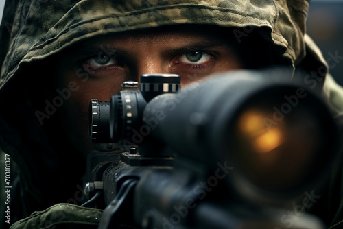 Close-up of a soldier with assault rifle. Selective focus. ai generated photo