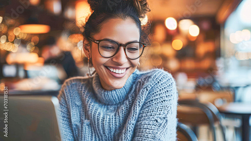 young beautiful caucasian woman wearing blue sweater and eyeglasses using silver laptop in cafe	
