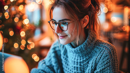 young beautiful caucasian woman wearing blue sweater and eyeglasses using silver laptop in cafe	 photo