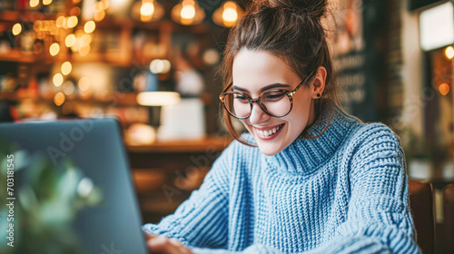 young beautiful caucasian woman wearing blue sweater and eyeglasses using silver laptop in cafe 