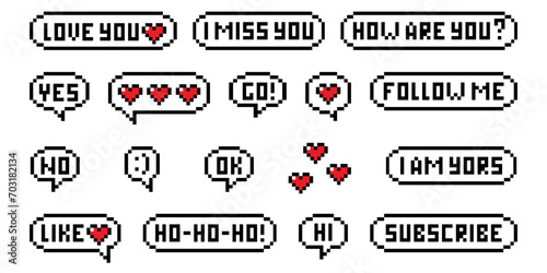 Set of phrases pixel art 8-bit retro game style. Speech bubbles with text I love you, follow me, like, heart, subscribe, yes, no, go. Vector illustration isolated on white background.
